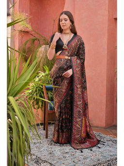 VISHNU WEAVES - Black Woven Design Banarasi Pashmina Saree with Unstitched Blouse