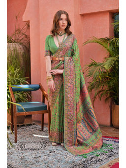 VISHNU WEAVES - Green Woven Design Banarasi Pashmina Saree with Unstitched Blouse