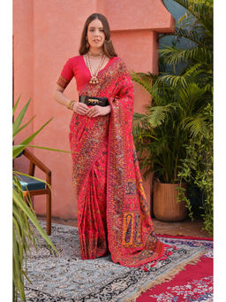 VISHNU WEAVES - Red Woven Design Banarasi Pashmina Saree with Unstitched Blouse
