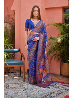 VISHNU WEAVES - Royal-Blue Woven Design Banarasi Pashmina Saree with Unstitched Blouse