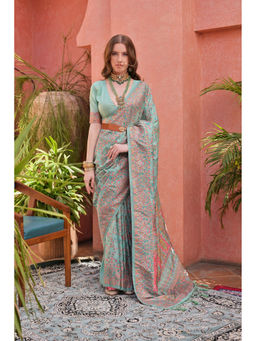 VISHNU WEAVES - Sea-Green Woven Design Banarasi Pashmina Saree with Unstitched Blouse