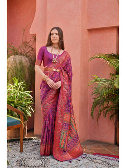 VISHNU WEAVES - Wine Woven Design Banarasi Pashmina Saree with Unstitched Blouse