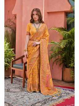 VISHNU WEAVES - Mustard Woven Design Banarasi Pashmina Saree with Unstitched Blouse