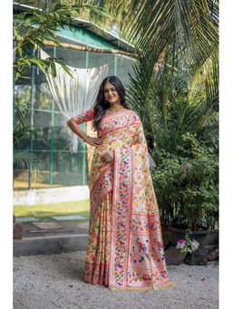 VISHNU WEAVES - Beige Cream Zari Woven Design Pathani Silk Designer Saree with Unstitched Blouse