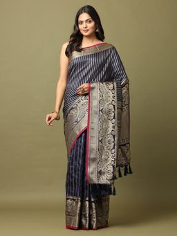 Vastranand - Navy Blue Zari Banarasi Silk Saree with Unstitched Blouse