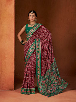 Stylum - Wine Women's Ikat Printed Zari Border Silk Saree with Unstitched Blouse