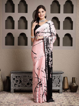 Stylum - Pink Women's Tie & Dye Print Satin Saree with Unstitched Blouse