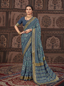Stylum - Teal Women's Geometric Printed Zari Border Silk Saree with Unstitched Blouse