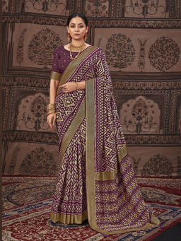 Stylum - Purple Women's Geometric Printed Zari Border Silk Saree with Unstitched Blouse