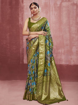 Stylum - Green Women's Bandhej Printed Zari Border Silk Saree with Unstitched Blouse
