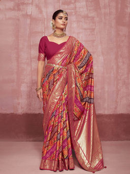 Stylum - Pink Women's Bandhej Printed Zari Border Silk Saree with Unstitched Blouse