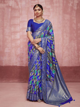 Stylum - Blue Women's Bandhej Printed Zari Border Silk Saree with Unstitched Blouse