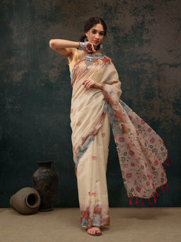 Silk Land - Beige Kalamkari Cotton Blend Printed Saree with Unstitched Blouse
