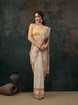 Silk Land - Beige Kalamkari Cotton Blend Printed Saree with Unstitched Blouse