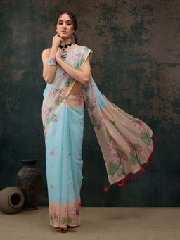 Silk Land - Blue Kalamkari Cotton Blend Printed Saree with Unstitched Blouse