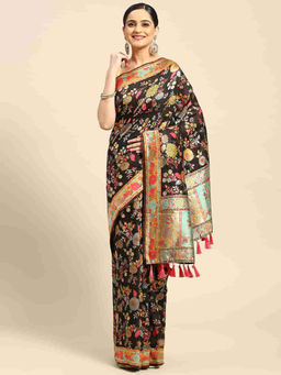 Silk Land - Black Embroidery Woven Thread Saree with Unstitched Blouse