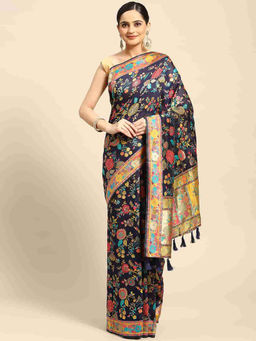 Silk Land - Navy Blue Embroidery Woven Thread Saree with Unstitched Blouse