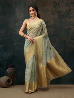 Silk Land - Green Kota Doria Saree With Embroidery Work Woven Pallu with Unstitched Blouse