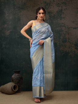 Silk Land - Blue Kota Doria Saree With Embroidery Work Woven Pallu with Unstitched Blouse