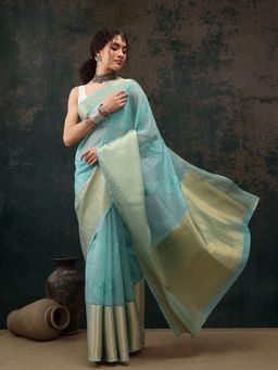 Silk Land - Turquoise Kota Doria Saree With Embroidery Work Woven Pallu with Unstitched Blouse