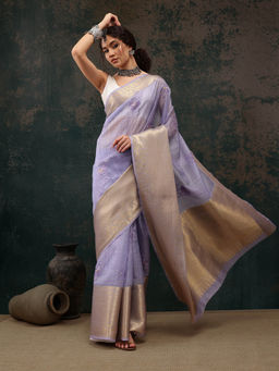 Silk Land - Lavender Kota Doria Saree With Embroidery Work Woven Pallu with Unstitched Blouse