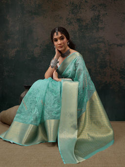 Silk Land - Green Kota Doria Saree With Embroidery Work Woven Pallu with Unstitched Blouse