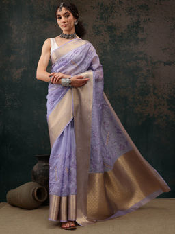 Silk Land - Lavender Kota Doria Saree With Embroidery Work Woven Pallu with Unstitched Blouse