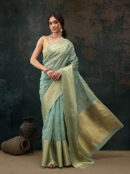 Silk Land - Green Kota Doria Saree With Embroidery Work Woven Pallu with Unstitched Blouse