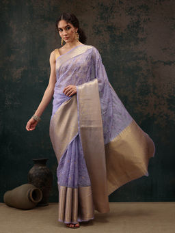 Silk Land - Lavender Kota Doria Saree With Embroidery Work Woven Pallu with Unstitched Blouse