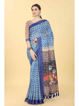 Silk Land - Blue Women's Kalamkari Digital Printed Saree with Unstitched Blouse