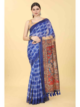 Silk Land - Blue Women's Kalamkari Digital Printed Saree with Unstitched Blouse