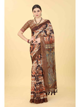 Silk Land - Brown Women's Kalamkari Digital Printed Saree with Unstitched Blouse
