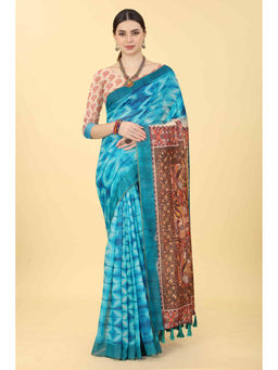 Silk Land - Blue Women's Kalamkari Digital Printed Saree with Unstitched Blouse