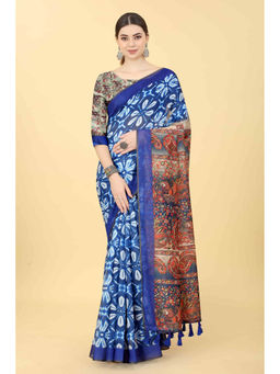 Silk Land - Blue Women's Kalamkari Digital Printed Saree with Unstitched Blouse
