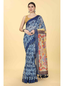 Silk Land - Blue Women's Kalamkari Digital Printed Saree with Unstitched Blouse