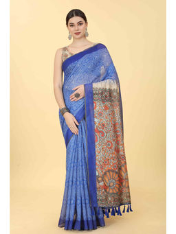 Silk Land - Blue Women's Kalamkari Digital Printed Saree with Unstitched Blouse