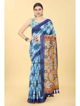 Silk Land - Blue Women's Kalamkari Digital Printed Saree with Unstitched Blouse