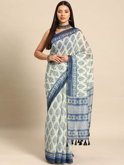 Silk Land - Blue Women Block Print Saree with Unstitched Blouse