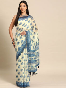 Silk Land - Blue Women Block Print Saree with Unstitched Blouse
