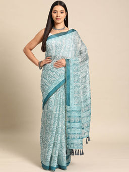 Silk Land - Teal Women Block Print Saree with Unstitched Blouse