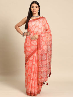 Silk Land - Orange Women Block Print Saree with Unstitched Blouse