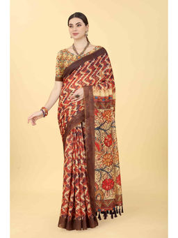 Silk Land - Rust Women's Kalamkari Digital Printed Saree with Unstitched Blouse