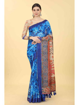 Silk Land - Blue Women's Kalamkari Digital Printed Saree with Unstitched Blouse