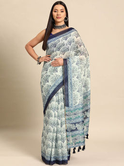 Silk Land - Blue Women Block Print Saree with Unstitched Blouse