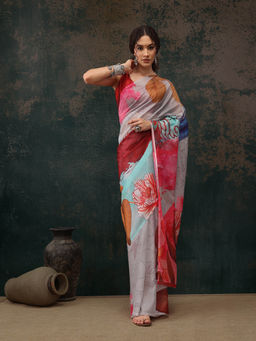 Silk Land - Multi-Color Chanderi Polyester Silk Saree with Unstitched Blouse