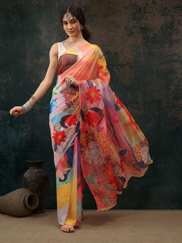 Silk Land - Multi-Color Chanderi Polyester Silk Saree with Unstitched Blouse