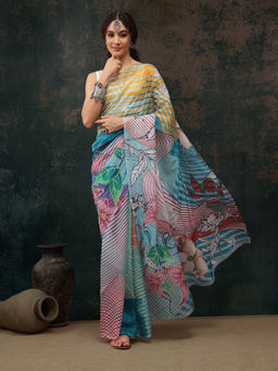 Silk Land - Multi-Color Chanderi Polyester Silk Saree with Unstitched Blouse