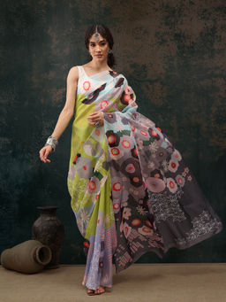 Silk Land - Green Chanderi Polyester Silk Saree with Unstitched Blouse