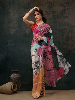 Silk Land - Multi-Color Chanderi Polyester Silk Saree with Unstitched Blouse