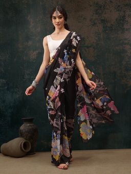 Silk Land - Black Floral Chanderi Polyester Silk Saree with Unstitched Blouse